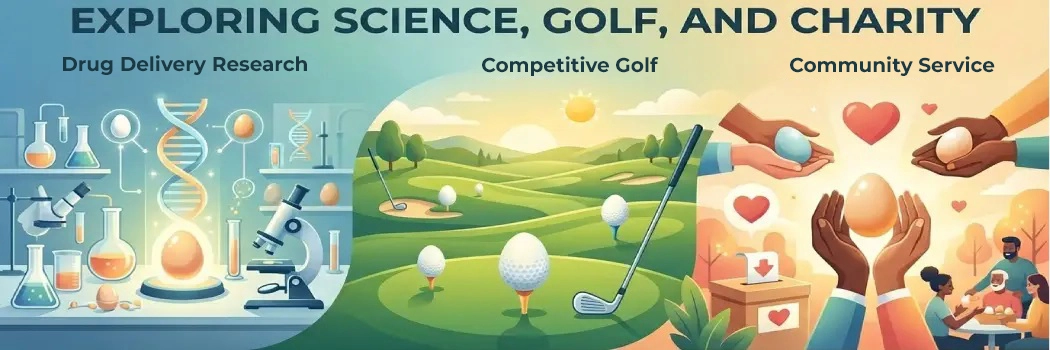 Collage: research, golf, charity